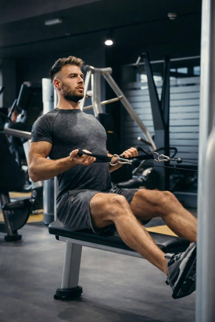 Man using cable row machine in Congleton gym for strength training