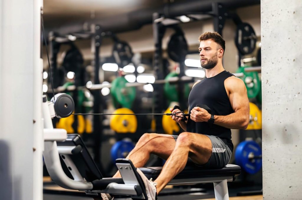 Man performing seated cable row in Congleton gym for back strength
